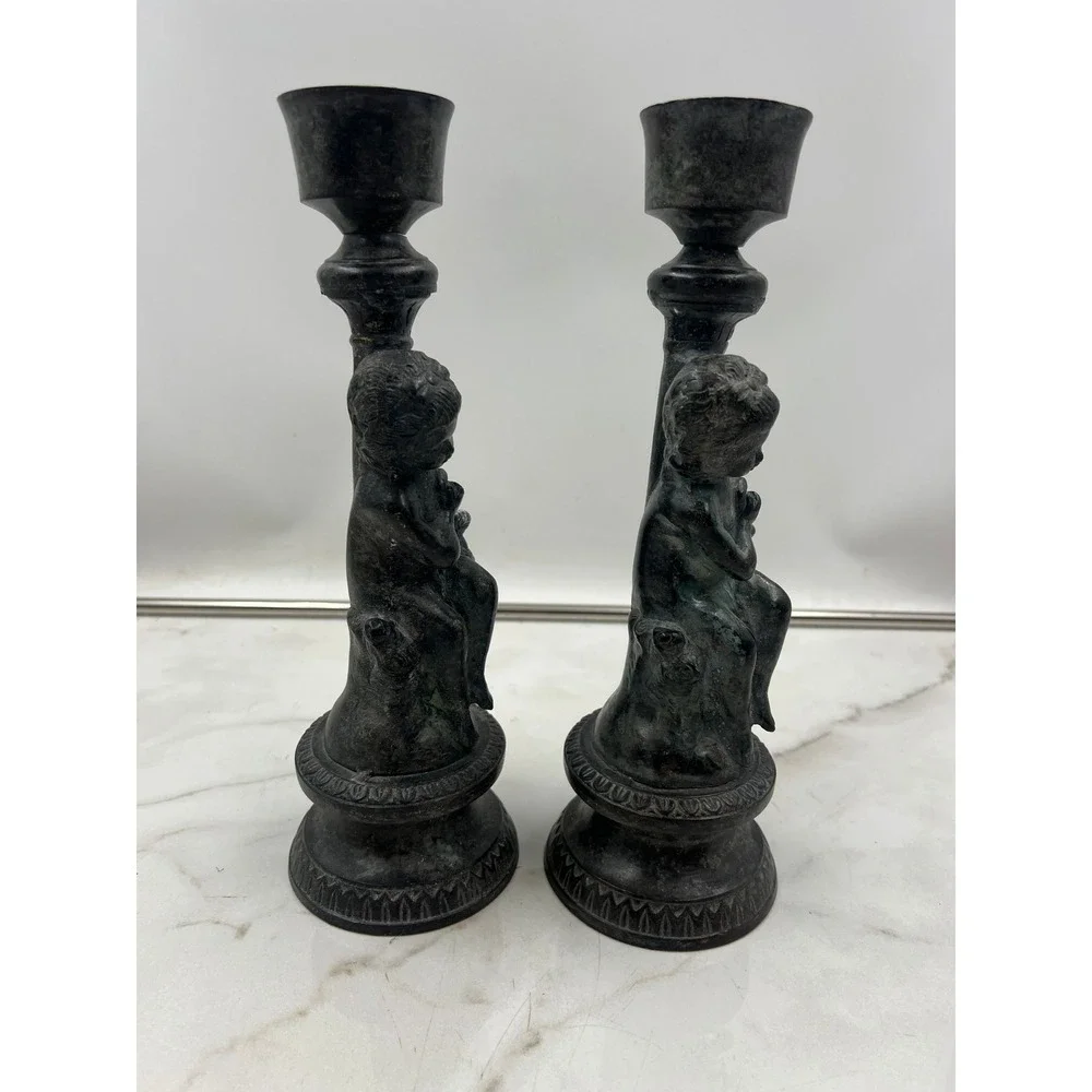 Vintage Bronze Cherub Candlestick Holders Pair Verdigris Patina Made India 9.5